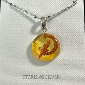 FAIRY ON MOON INTAGLIO/CAMEO AMBER 925 silver 18” necklace